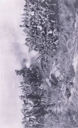 Le 28e régiment de Gloucester recevant la cavalerie française à Waterloo, 18 juin 1815 (illustration de British Battles on Land and Sea)