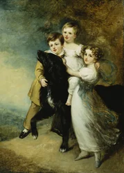 Trois enfants avec un chien dans un paysage