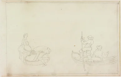 Deux bateliers, et homme et femme avec panier