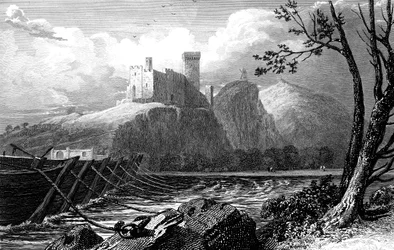 Le Château de Beaucaire et un pont de bateaux sur le Rhône, France