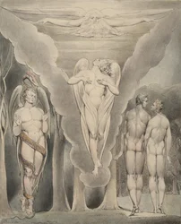 Illustration 4 du "Paradis perdu" de Milton : Satan espionnant Adam et Ève et la descente de Raphaël au paradis, 1807