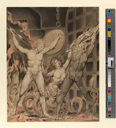 Illustration du "Paradis perdu" de Milton : Satan, le péché et la mort : Satan arrive aux portes de l