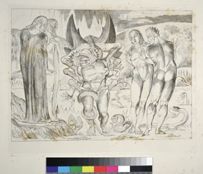 Le Cercle des Voleurs : Agnolo Brunelleschi attaqué par un serpent à six pieds. Enfer, Chant XXV, illustration de la Divine Comédie de Dante Alighieri