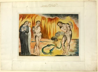 Le cercle des voleurs ; Buoso Donati attaqué par le serpent. Enfer, chant XXV