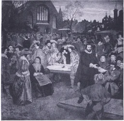 Signature du National Covenant au cimetière de Greyfriars en 1638, tiré de Cassells History of the British People, publié par la Waverley Book Company Limited, vers 1940