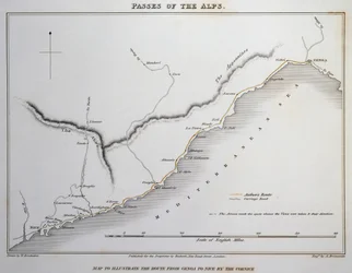 Carte des passages dans les Alpes Maritimes, route côtière entre Gênes et Nice