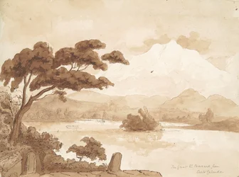 recto : Scène de paysage avec lac et montagnes