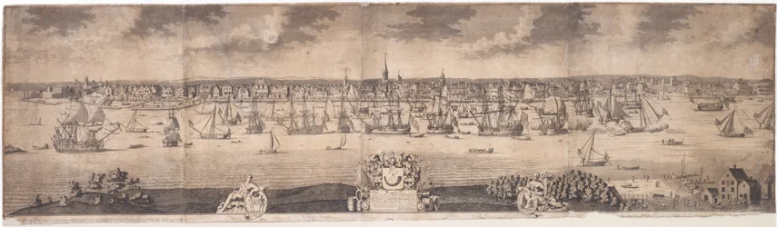 Vue du sud de la ville florissante de New York dans la province de New York en Amérique, gravée par John Harris, 1717-18