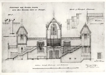 Détails des entrées, escaliers, porte de la chambre de la chaudière et rampes, (New Big School), Rugby School, 1844 (encre noire, crayon et aquarelle)