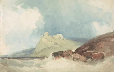 Château sur une falaise avec mer orageuse