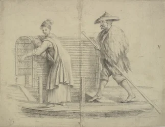 Scène chinoise. Homme et femme sur un bateau fluvial