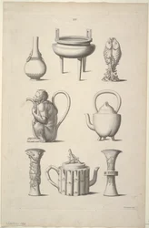 Conceptions pour la vaisselle, Planche XV des Conceptions de bâtiments chinois, meubles, vêtements, machines et ustensiles.