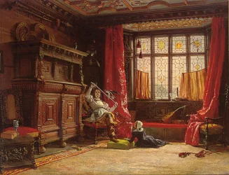 Un cavalier dans un intérieur sombre, un oiseau sur son épée, 1843