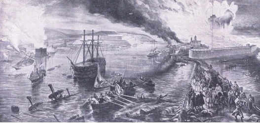 La chute de Sébastopol et la retraite des Russes, 8 septembre 1855, illustration de British Battles on Land and Sea, 1915