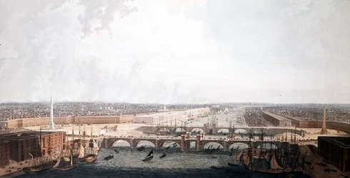 Vue de Londres avec les améliorations de son port et le double pont de Londres. Soumis au comité restreint de la Chambre des communes par William Daniel