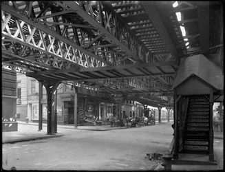 Sous les voies ferrées surélevées au coin de Greenwich Street et Rector Street, New York, 1er août 1914