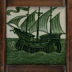 Panneau de carreaux de navires à pleine voile, encadré, vers 1865-80
