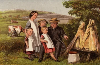 Industrie : famille à la campagne avec des ruches (chromolithographie)