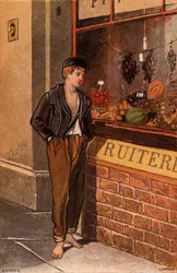 Tentations : jeune homme pauvre regardant dans une vitrine des fruits tropicaux