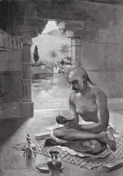 Kalidasa rédigeant le "Messager des nuages", 375 après J.-C. (lithographie)