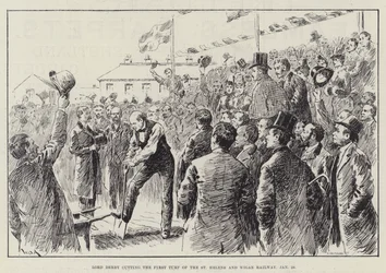Lord Derby coupant le premier gazon du chemin de fer de St Helens et Wigan, 28 janvier