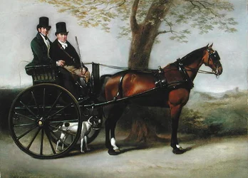Deux gentilshommes dans une voiture tirée par un cob bai en route pour chasser avec leur pointeur
