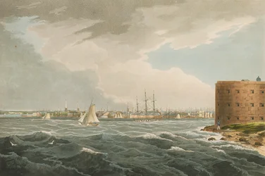 New York depuis Governors Island, no.20 du Hudson River Portfolio, gravé par J. Hill, 1821-25
