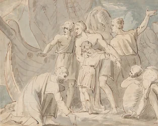 Sujet historique avec des hommes et un garçon près d