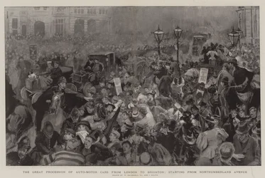 La grande procession des voitures automobiles de Londres à Brighton, départ de Northumberland Avenue