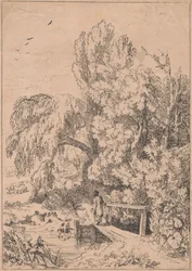 Paysage avec arbres, filles traversant une passerelle