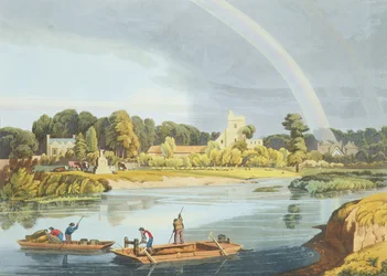 Église de Staines avec City Stone sur les rives de la rivière, gravée par Robert Havell le Jeune, publiée en 1818