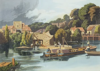 Château de Wallingford en 1810 pendant les réparations du pont, gravé par Robert Havell le Jeune, publié en 1818