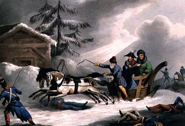La fuite de Bonaparte déguisé en comte de Vicence de Russie, publiée le 1er mars 1814 par William Heath
