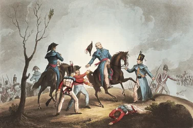 Mort de Sir John Moore (1761-1809), le 17 janvier 1809, tiré de «The Martial Achievements of Great Britain and her Allies from 1799-1815», par James Jenkins, gravé par Thomas Sutherland (né en 1785), publié