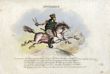 Napoléon galope sur Ambition, un cheval avec des ailes aux pieds, au-dessus du globe