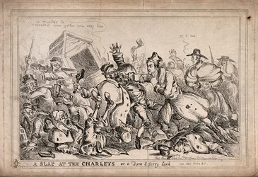 Robert Peel en pugiliste attaquant des veilleurs de nuit dans l