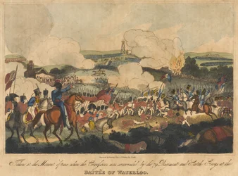 Pris au Moment où les Cuirassiers étaient entourés par le 79e Régiment et les Greys Écossais à la Bataille de Waterloo, 18 juin 1815, gravé par Romney et publié par Richard Evans, 1816