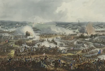 La bataille de Waterloo, 18 juin 1815, aquatinte de Thomas Sutherland (1785-1838), publiée dans « Martial Achievements » de James Jenkins, 1er septembre 1815