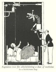 Ruse ingénieuse pour administrer une dose de médicament à un garçon turbulent (lithographie)
