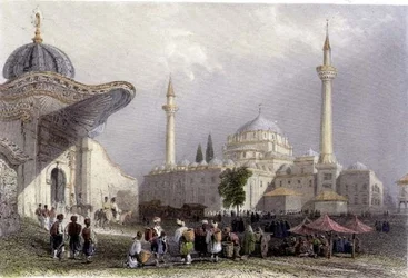 La mosquée de Bajazet avec la porte du Seraskier, Istanbul, gravée par H. Griffiths, vers 1850 (aquatinte)