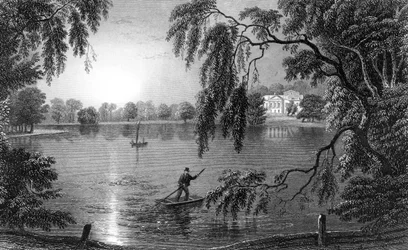Gosfield Hall, depuis la route de Weathersfield, gravé par Charles Mottram, 1833