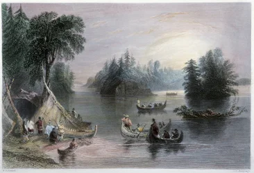 Tipis et canoës indiens, rives du Saint-Laurent - dans « Canadian scenery illustrated » par W.H. Bartlett, Londres