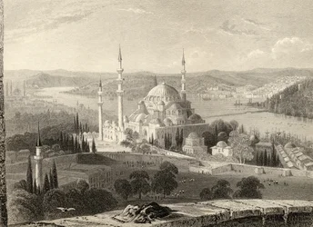 Mosquée et tombe de Soliman, depuis la tour du Seraskier, Istanbul, Turquie, gravé par H. Adlard
