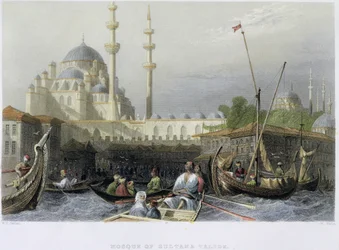 Mosquée de Sultana Valide depuis le port, gravée par William Wallis, vers 1850