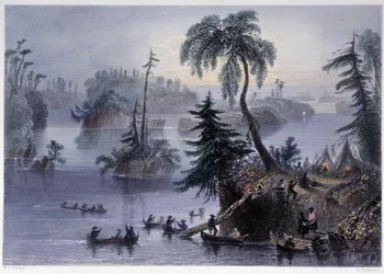 Scène parmi les Mille Îles : Camp et bateaux, Mille Îles - dans "Canadian Scenery Illustrated" par Bartlett W. H.