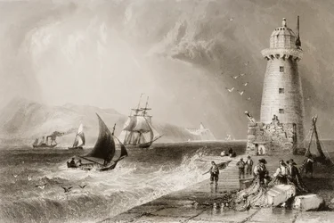 Phare du mur sud avec la colline de Howth au loin, Dublin, de 
