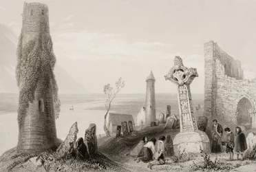 La vieille croix et la tour ronde à Clonmacnois, comté d