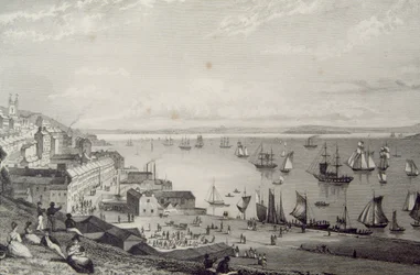 Vue du port de Cobh, en direction de Rostellan, comté de Cork, Irlande dans les années 1830, de 