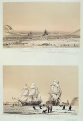 Apparence remarquable dans le ciel toujours en face du soleil (haut) et Le Pouce du Diable, navires forant et se déplaçant dans la banquise (bas) de 