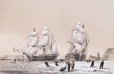 Apparence remarquable dans le ciel toujours en face du soleil (en haut) et Le Pouce du Diable, navires forant et se déplaçant dans la banquise (en bas) des 